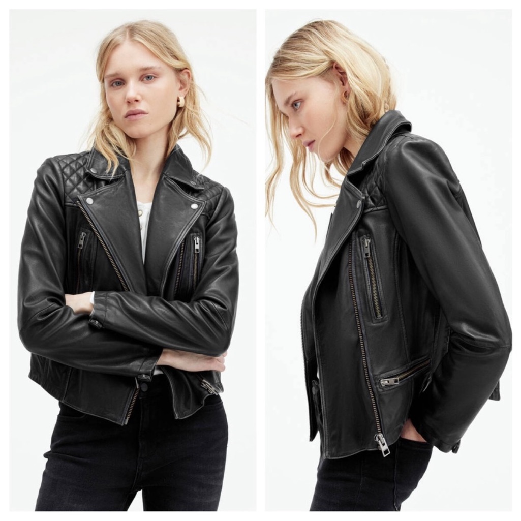 All Saints Cargo Distressed Leather Biker Jacket Black